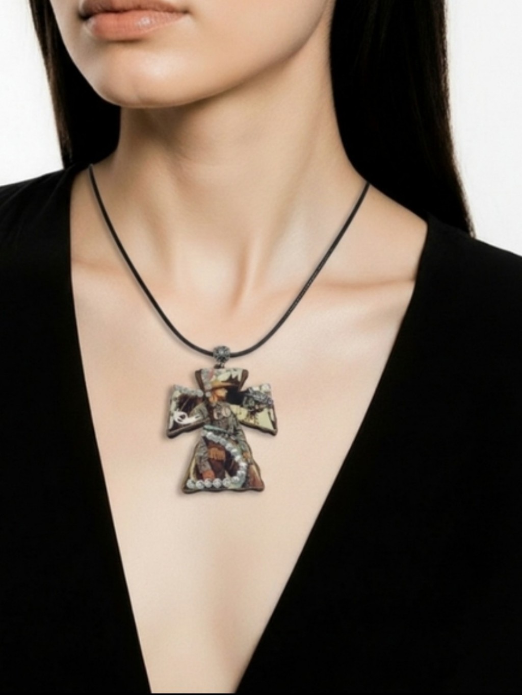 Handcrafted Cross Pendant Necklace In Mixed Earth Tones